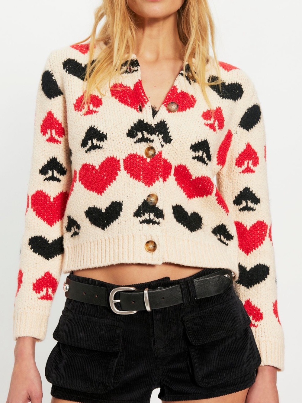 Free People Cream Cardigan with Red & Black Heart Pattern